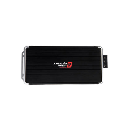 The Stealth Bomber Class-D 4 Channel Digital Amplifier-B54 by Cerwin Vega features a black, sleek horizontal rectangular design with surface grooves, red and white Cerwin-Vega Mobile logo at the center, right-side connection ports, and a metal border around the edges.