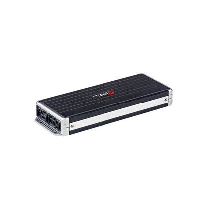 The Stealth Bomber Class-D 5 Channel Digital Amplifier-B55 features a rectangular black design with silver trim and clean lines. It has a ridged top texture, multiple connection ports at one end, and the Cerwin-Vega Mobile logo centered on its sleek, modern appearance.