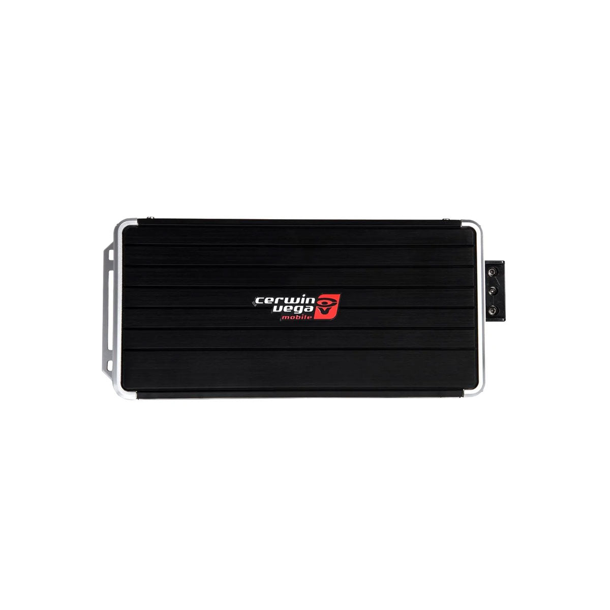 The Stealth Bomber Class-D 5 Channel Digital Amplifier-B55 features a sleek black design with a smooth finish. A centered red and white Cerwin-Vega logo and silver accents highlight the edges, while connection ports are neatly aligned on one side against a plain white background.