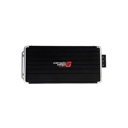 The Stealth Bomber Class-D 5 Channel Digital Amplifier-B55 features a sleek black design with a smooth finish. A centered red and white Cerwin-Vega logo and silver accents highlight the edges, while connection ports are neatly aligned on one side against a plain white background.