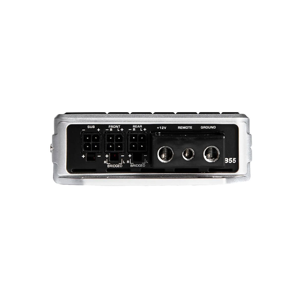 The Stealth Bomber Class-D 5 Channel Digital Amplifier-B55's front view displays connection ports with labeled inputs for subwoofer, front, and rear speakers, plus outputs for +12V, remote, and ground. Its sleek silver and black casing allows easy installation and configuration.