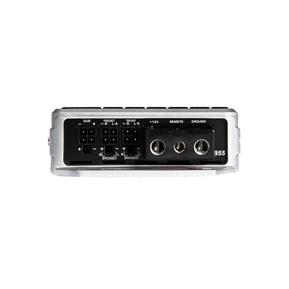 The Stealth Bomber Class-D 5 Channel Digital Amplifier-B55's front view displays connection ports with labeled inputs for subwoofer, front, and rear speakers, plus outputs for +12V, remote, and ground. Its sleek silver and black casing allows easy installation and configuration.