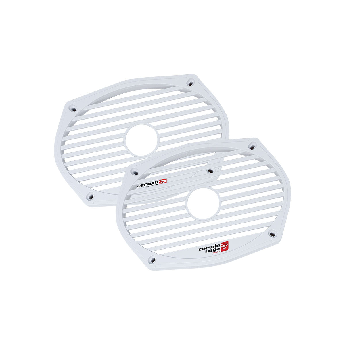 Two white, oval 6"x9" speaker grilles with parallel slats and circular center openings feature a red and black Cerwin Vega logo referencing the STROKER design. They are slightly overlapping on a plain white background. Product: 6"x9" Speaker Grill for ST69CX (WHITE) - ST69CXG.