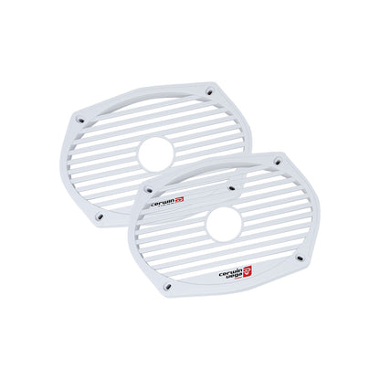 Two white, oval 6"x9" speaker grilles with parallel slats and circular center openings feature a red and black Cerwin Vega logo referencing the STROKER design. They are slightly overlapping on a plain white background. Product: 6"x9" Speaker Grill for ST69CX (WHITE) - ST69CXG.