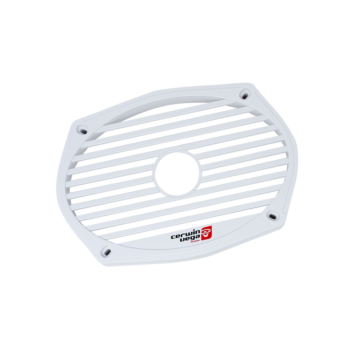 The ST69CXG 6"x9" Speaker Grill for ST69CX features a white oval design with horizontal slats, a central circular opening for optimal sound, and four corner screw holes. It displays the red and black Cerwin Vega STROKER logo at the bottom, enhancing both style and performance.