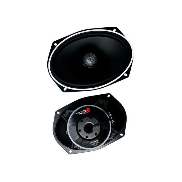 Two oval coaxial subwoofers from the 2024+ Harley Davidson® Cut-In Lid Kit with Stroker ST69CX (4Ω) Speakers - RPMST694LK24 are featured. One is face-up, exposing its black cone and dome, while the other shows a circular component labeled "STEG Italy." Both have black frames with white edges on a white background.