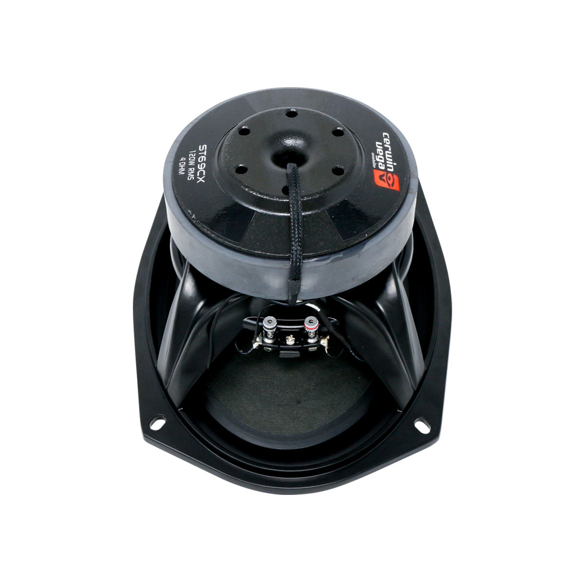 The bottom view showcases a high-performance Cerwin Vega Stroker 6"x9" black coax speaker, featuring a titanium dome tweeter (4Ω), robust central magnet, visible wiring, and multiple mounting holes. Its sturdy metal basket enhances its heavy-duty design, perfect for exceptional car audio setups.