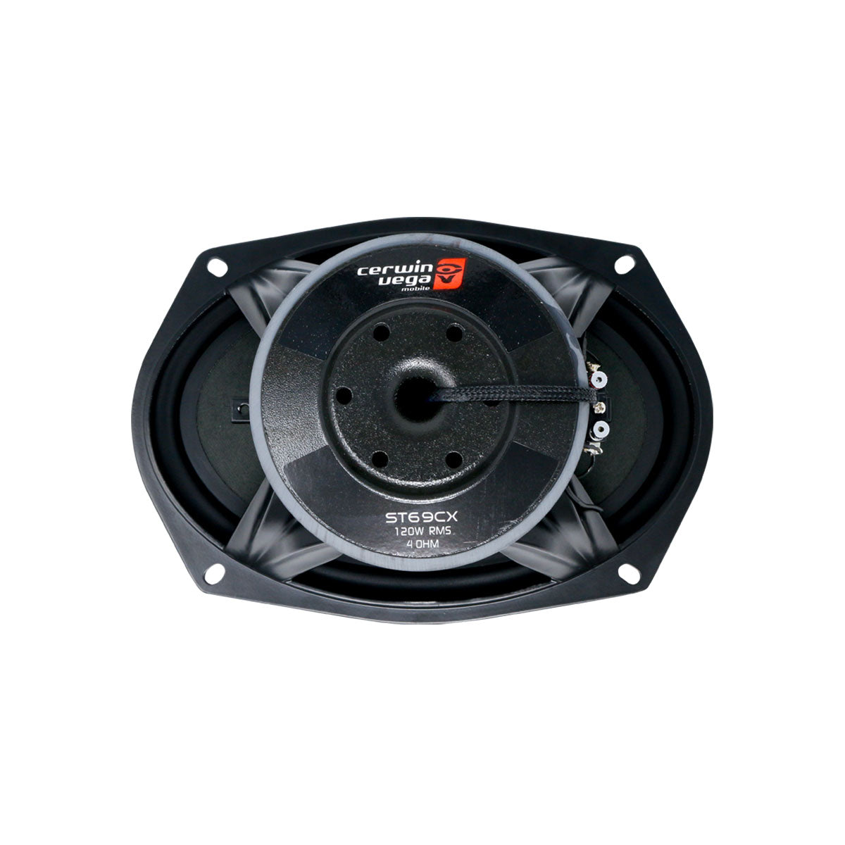 The image shows the back of a high-performance Cerwin Vega Stroker ST69CX 6"x9" car speaker. It features a sleek black and metallic oval design, labeled "120W RMS" and "4 OHM." Visible wires enhance the red and white logos with stylized text on top.