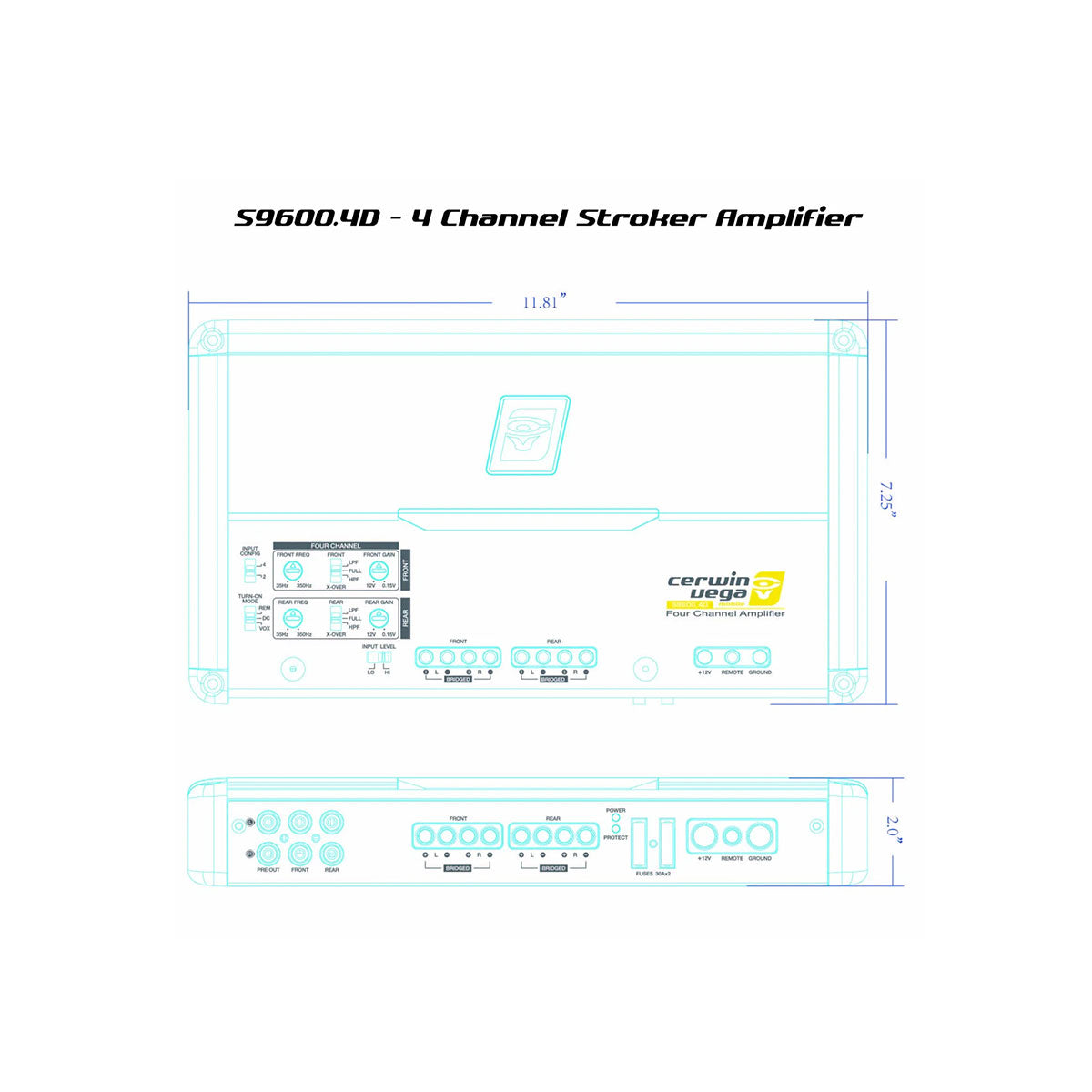 A blueprint-style diagram showcases the Stroker 800W RMS Full Range Class-D 4 Channel Amplifier-S9600.4D, detailing top and side views with labeled input, output, and control ports. Dimensions include a width of 11.81 inches, with technical specifications noted on the diagram.