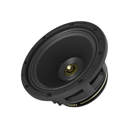 The Cerwin Vega Stroker Pro 10" Full Range Speaker (CVMPCL10) boasts a sleek black, round design with a gold center, "PRO" on its robust frame, visible mounting holes, and is angled slightly upward for exceptional sound quality.