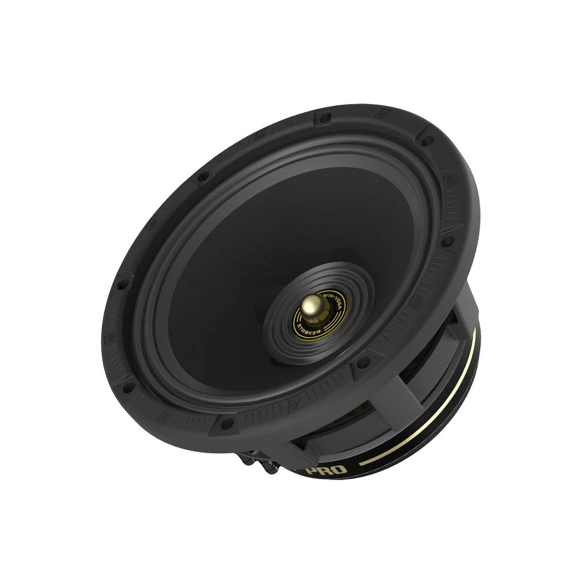 A close-up of a high-performance speaker, the Cerwin Vega Stroker Pro 6.5" Full Range Speaker - CVMPCL6.5, features a conical shape with exceptional clarity, gold central detail, multiple mounting holes, and yellow detailing near the angled brand name.