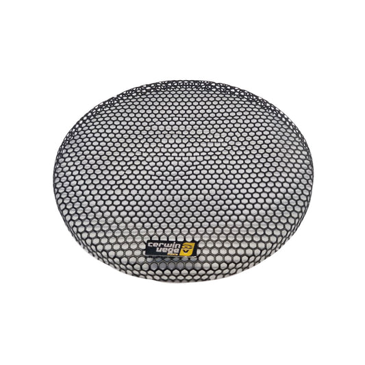 The Stroker Pro 6.5" Midrange Speaker Grill (CVMPCL65G) features a round black honeycomb pattern. Its shiny, metallic surface displays the black and orange Stroker Pro logo at the bottom, all set against a plain white background.