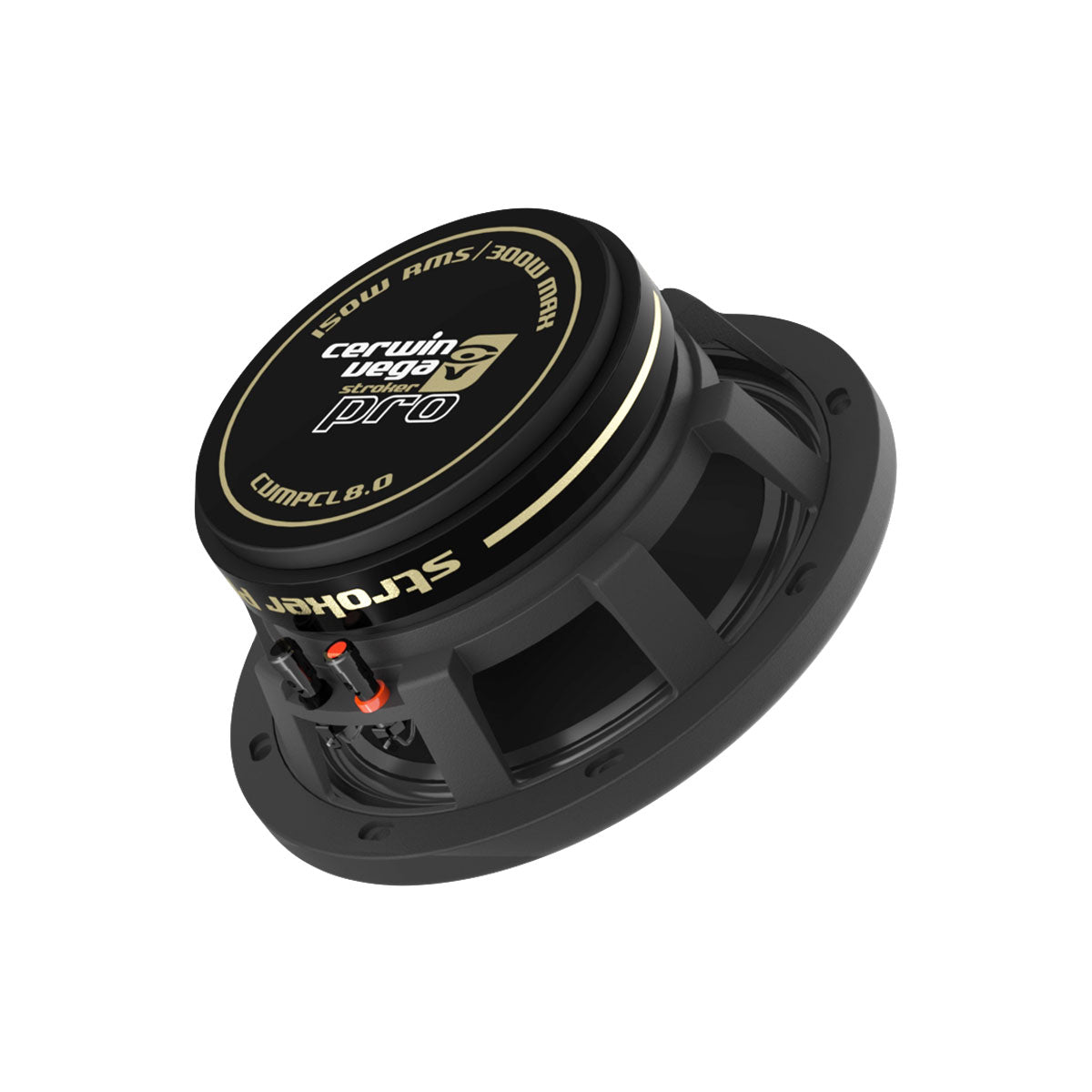 The image displays a black Cerwin Vega Stroker Pro 8" Full Range Speaker, labeled "CVMPCL8.0," designed for high-performance car audio with visible mounting holes and a sturdy frame. It offers exceptional sound quality with "600W RMS / 3000W MAX.