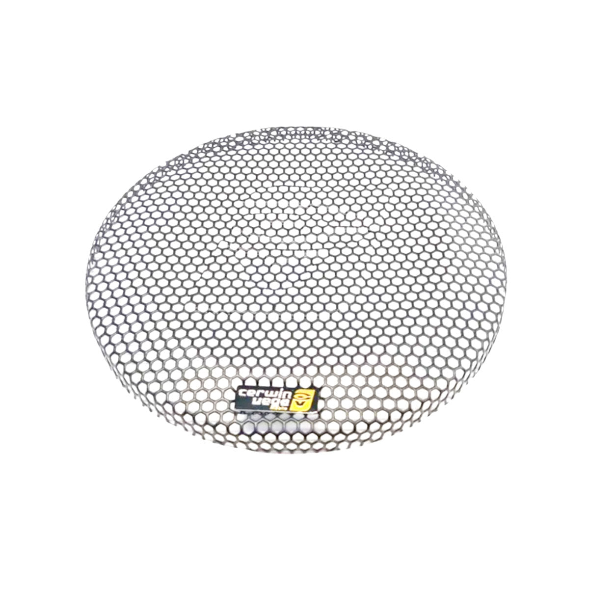 The Stroker Pro 8" Midrange Speaker Grill (CVMPCL80G) by Cerwin Vega features a circular mesh with a hexagonal pattern. A black and yellow label near the bottom showcases a white logo and text. The light gray mesh stands out against the plain white background.