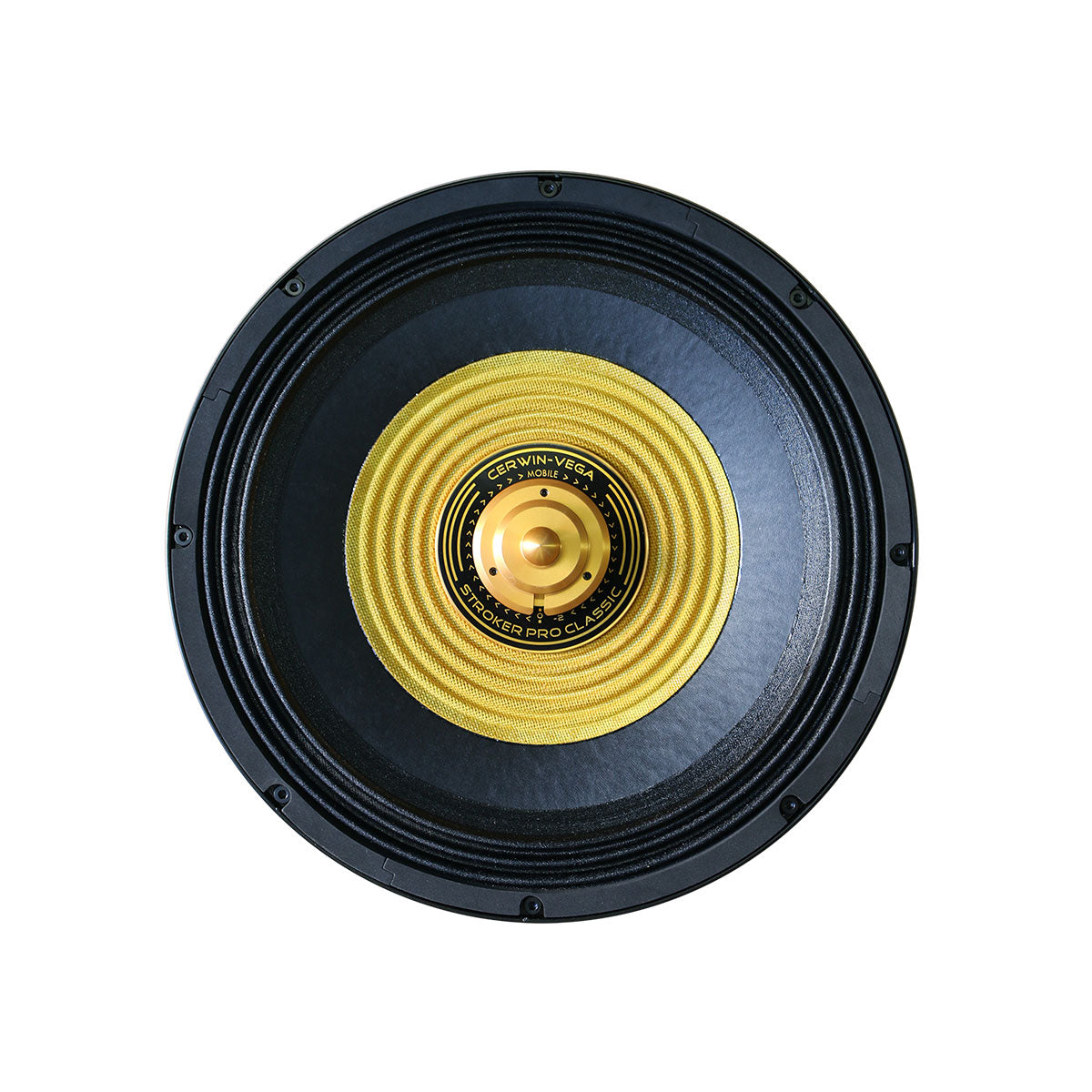 A round black speaker featuring a yellow diaphragm at its center, surrounded by a ribbed texture, showcases the power of SPL Subwoofer tech. The circular label reads "Cerwin-Vega! Stroker Pro Classic," against a plain white background. Product: Stroker Pro Classic 18″ Subwoofer 2Ω SVC - SPCL182.