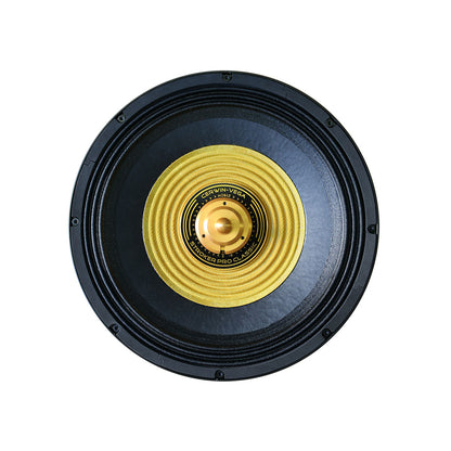 A round black speaker featuring a yellow diaphragm at its center, surrounded by a ribbed texture, showcases the power of SPL Subwoofer tech. The circular label reads "Cerwin-Vega! Stroker Pro Classic," against a plain white background. Product: Stroker Pro Classic 18″ Subwoofer 2Ω SVC - SPCL182.