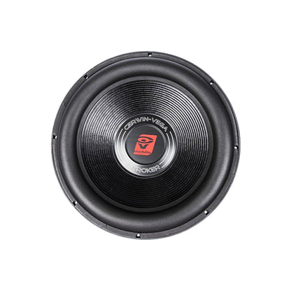 The Stroker Series 10 Inch Subwoofer (Model: ST102D) features a black and silver ribbed cone design, a red "CERWIN-VEGA" and "STROKER" emblem, with high power handling for superior car audio performance enhanced by a red wave motif on a white background.