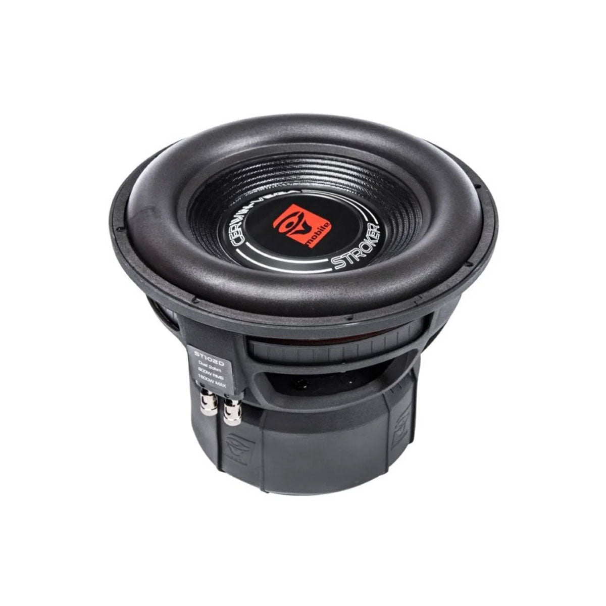 The Stroker Series 10 Inch Subwoofer - ST102D features a black, round dome with a ridged edge and a red "DD" logo at the center. Its sturdy metallic base has visible wiring terminals for high power handling, delivering exceptional car audio performance against a crisp white background.