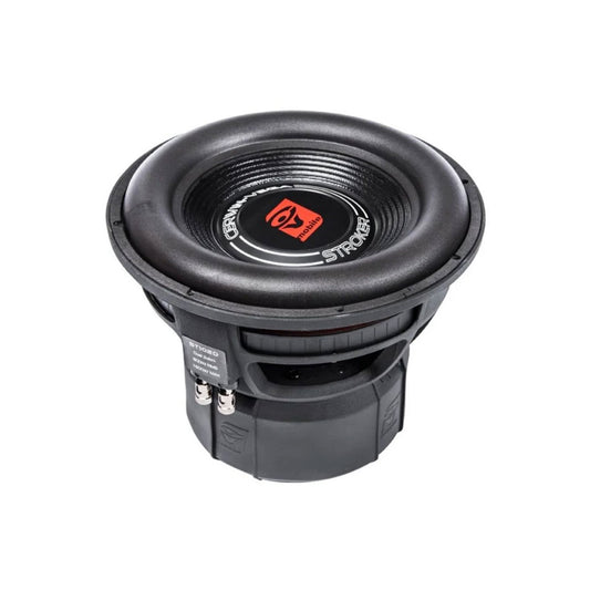 The Stroker Series 10 Inch Subwoofer - ST102D features a black, round dome with a ridged edge and a red "DD" logo at the center. Its sturdy metallic base has visible wiring terminals for high power handling, delivering exceptional car audio performance against a crisp white background.