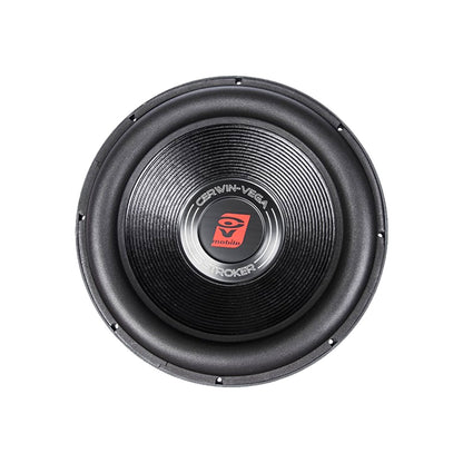 The Stroker Series 10 Inch Subwoofer (ST104D) showcases superior car audio performance with its round black design, ribbed texture, and bold red "Cerwin Vega STROKER" emblem with a stylized "C." Its smooth, slightly beveled edge contrasts sharply against the white background.