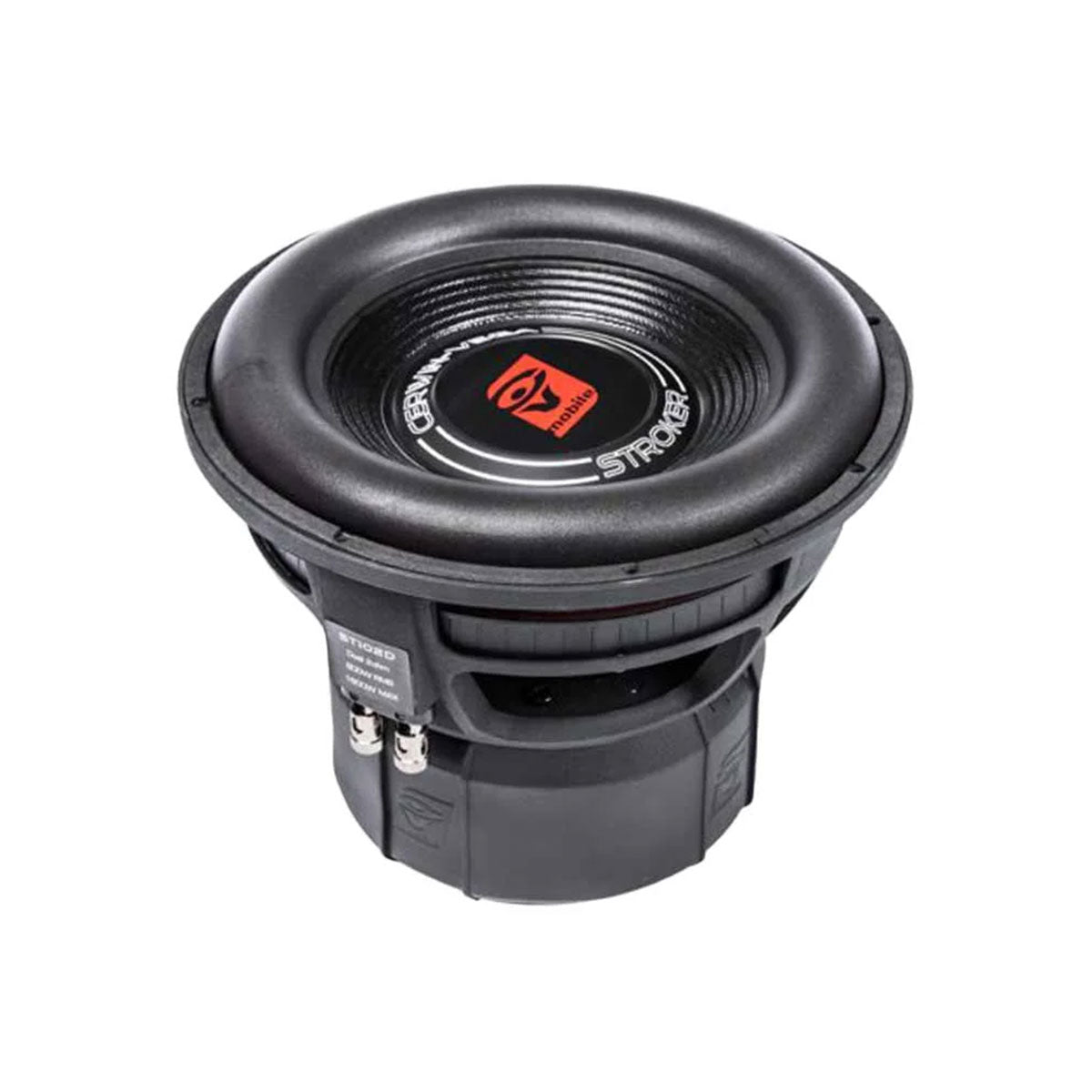 The Stroker Series 10 Inch Subwoofer - ST104D features a ribbed, concave black surface with a red center logo, highlighting car audio performance. Its cylindrical base has curved contours and side connection terminals, designed to sit upright on a plain white background.