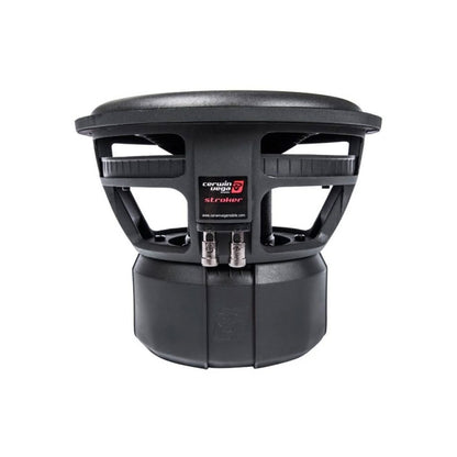 The Stroker Series 10 Inch Subwoofer - ST104D, in black, boasts a sturdy industrial design with a large base, round top, visible metal connectors, and a central red and white label. Side vertical bars add structural support for optimum car audio performance.