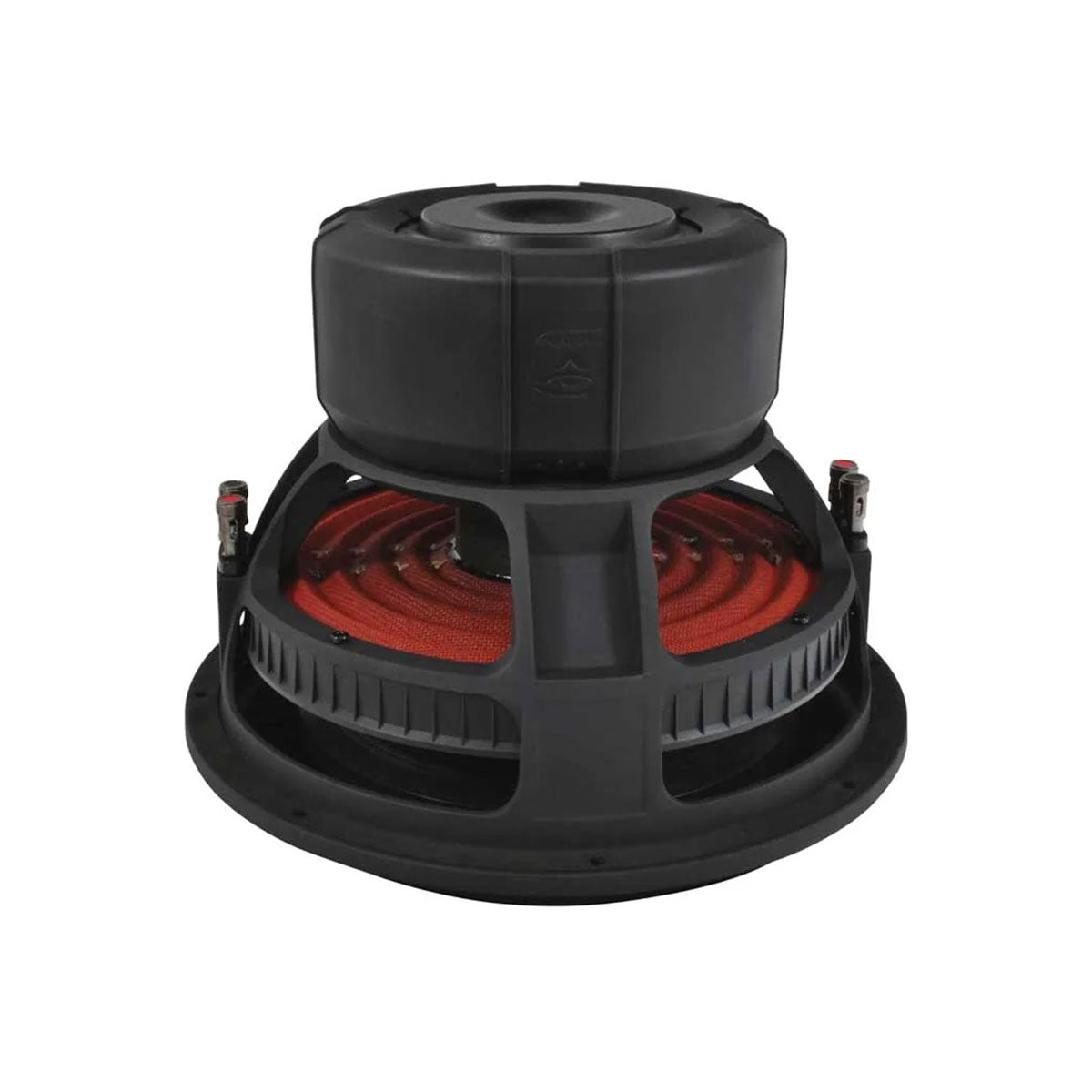 The Cerwin Vega Stroker Series 10 Inch Subwoofer - ST104D is designed for car audio with a black and red cylindrical, vented structure and visible coils. An open frame reveals internal components like the red coil, featuring two terminals on each side that enhance sound quality.