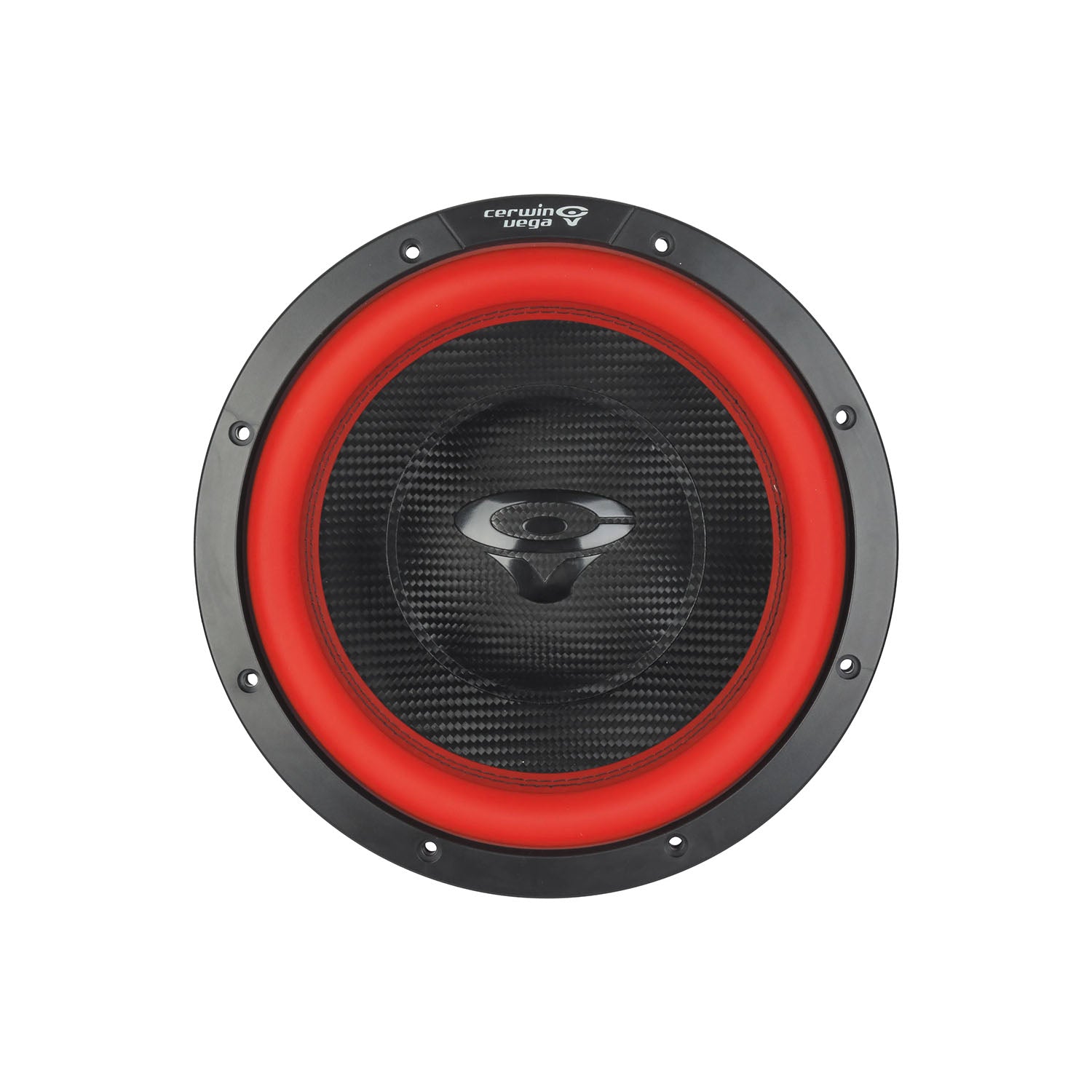 The Vega 2025 Edition Subwoofer by Cerwin Vega features a black and red design with a black central cone, textured pattern, and small bolts. The red outer ring complements the black frame and center grille, which displays a white logo. It’s a 10" 2Ω DVC subwoofer, model V10DV2.