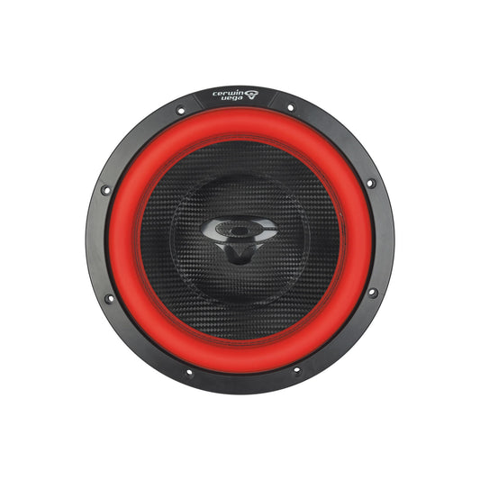 The Vega 2025 Edition Subwoofer by Cerwin Vega features a black and red design with a black central cone, textured pattern, and small bolts. The red outer ring complements the black frame and center grille, which displays a white logo. It’s a 10" 2Ω DVC subwoofer, model V10DV2.