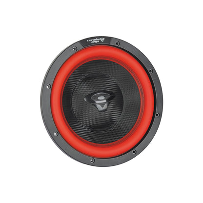 The Vega 2025 Edition Subwoofer (V10DV2) by Cerwin Vega boasts a round carbon fiber textured cone with a stylized "C" logo, encircled by a bright red surround and black outer ring featuring mounting holes. The "Cerwin Vega" brand adorns the top of the ring.