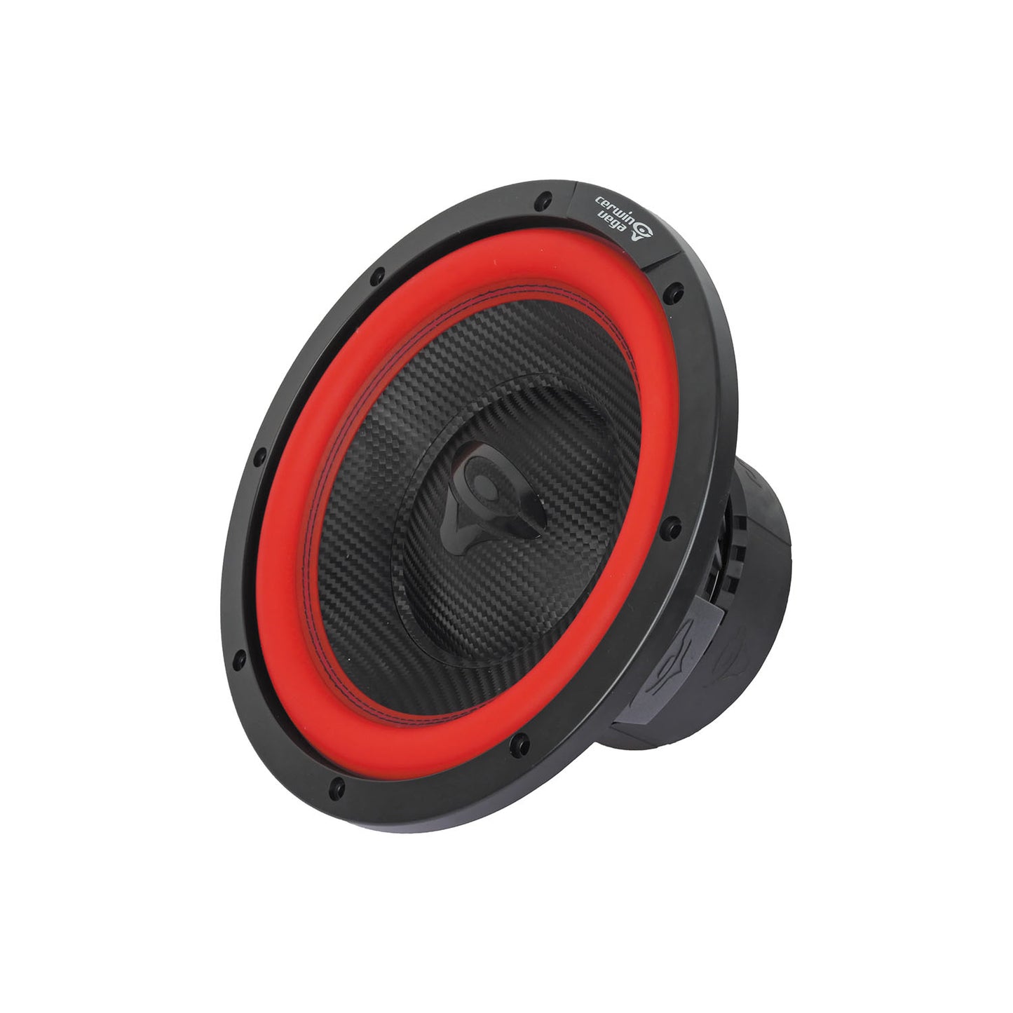 The Cerwin Vega Vega 2025 Edition Subwoofer (V10DV4) is a 10" round subwoofer with a carbon fiber cone and distinct red trim. It has a black rubber edge and angled design, highlighting its black enclosure with cooling vents on the side.