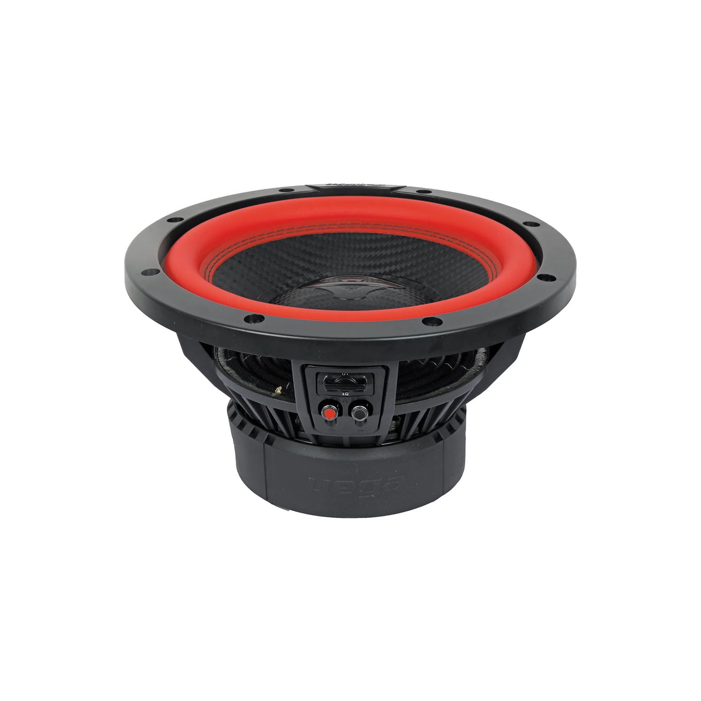 Close-up of the Cerwin Vega Vega 2025 Edition Subwoofer (V10DV4), a black 10" 4Ω DVC subwoofer with a red rim, featuring a textured black cone, front wire terminals, and multiple mounting holes around its frame.