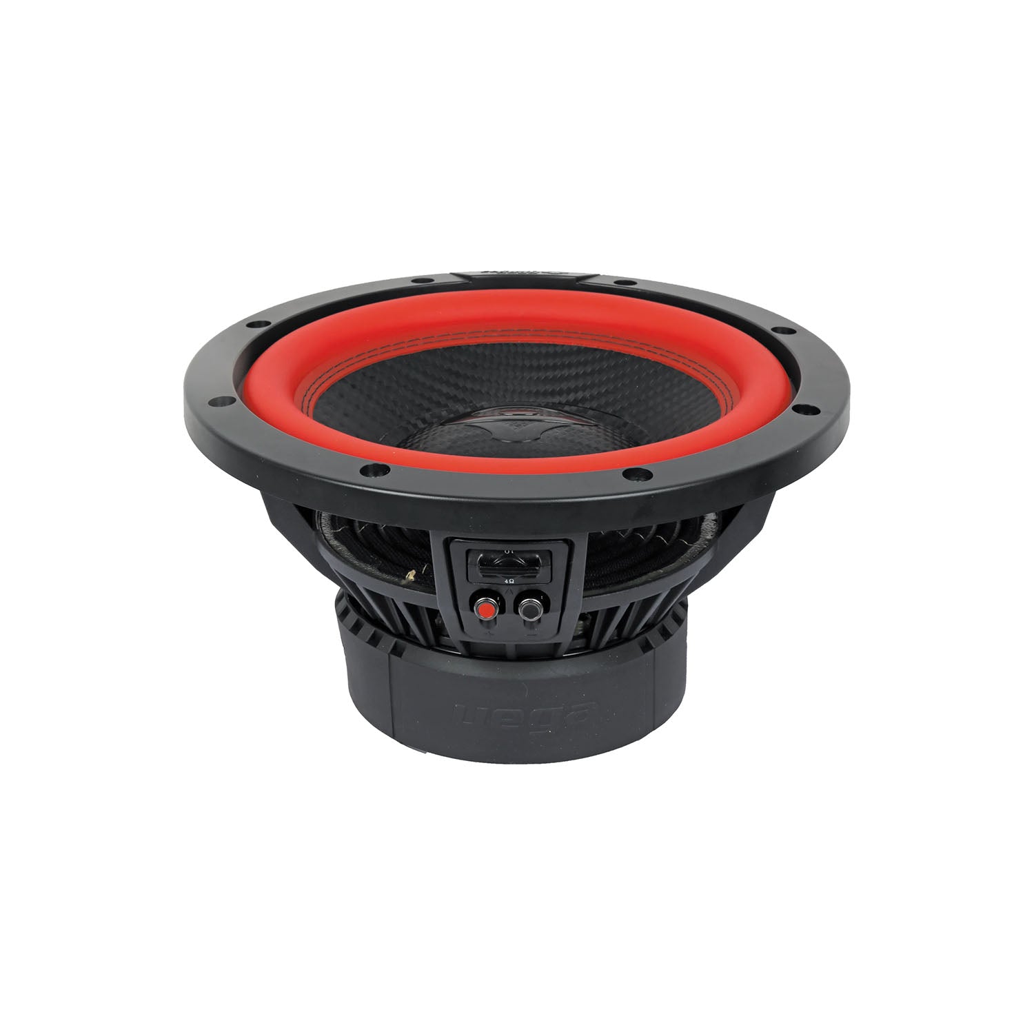 Close-up of the Cerwin Vega Vega 2025 Edition Subwoofer (V10DV4), a black 10" 4Ω DVC subwoofer with a red rim, featuring a textured black cone, front wire terminals, and multiple mounting holes around its frame.