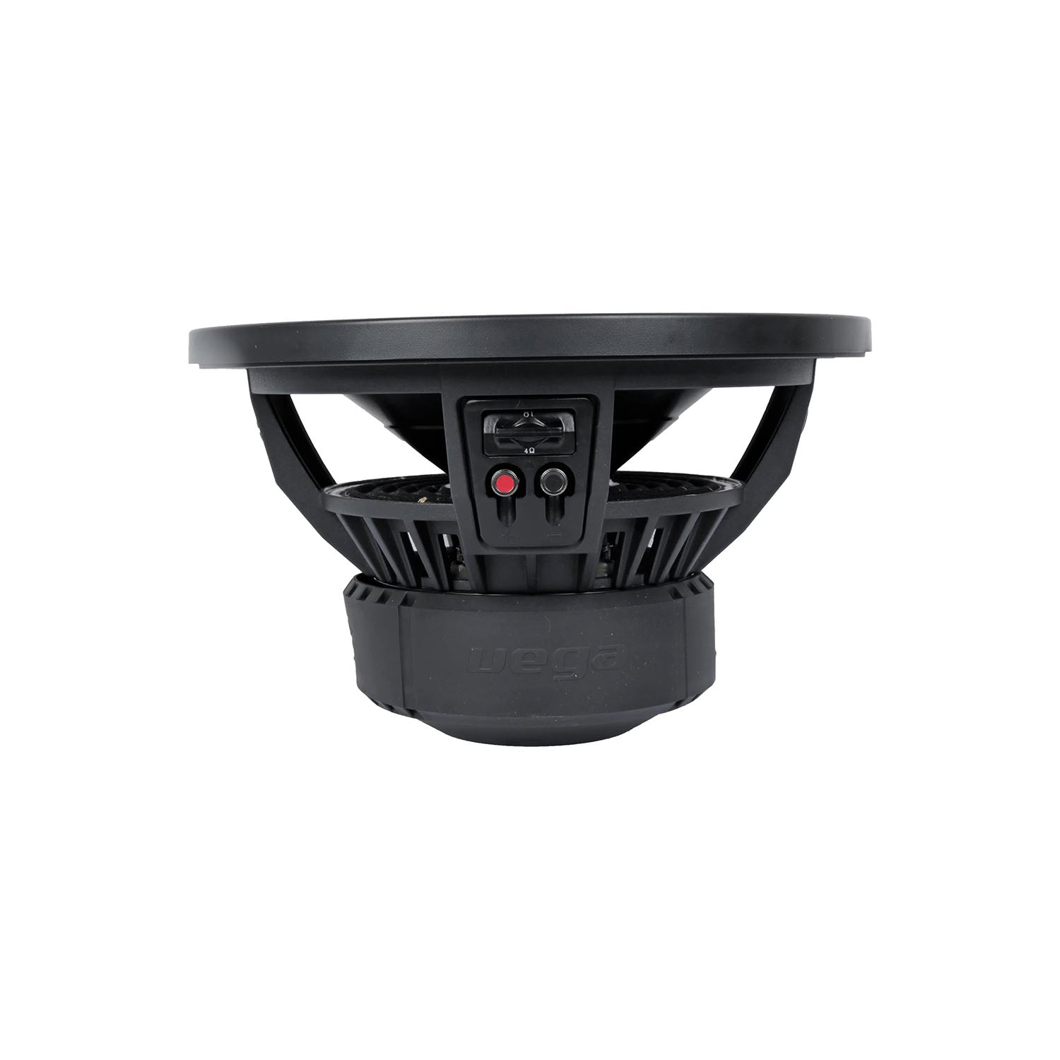 The image depicts a side view of the black Cerwin Vega 2025 Edition Subwoofer (V10DV2) with a large circular cone, open frame, and red/black speaker terminals. The lower part displays a rounded enclosure embossed with the "Vega" logo.