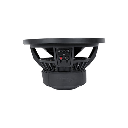 The image depicts a side view of the black Cerwin Vega 2025 Edition Subwoofer (V10DV2) with a large circular cone, open frame, and red/black speaker terminals. The lower part displays a rounded enclosure embossed with the "Vega" logo.
