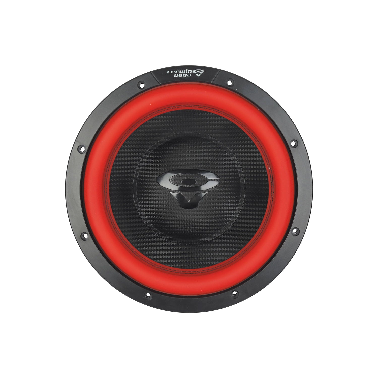 The Cerwin Vega 2025 Edition V12DV2 subwoofer features a round design with a black casing, red accent ring, and central black and silver cone. It showcases a textured surface pattern and the white Cerwin Vega logo at the top.