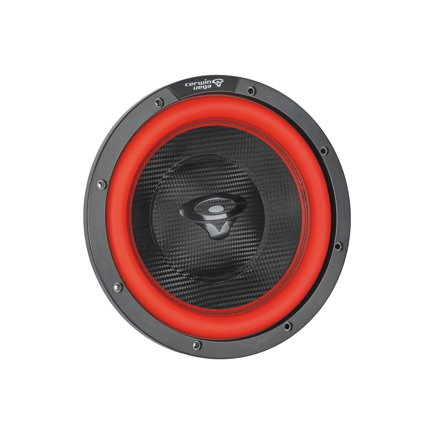 The Cerwin Vega Vega 2025 Edition Subwoofer is a round, black 12" subwoofer with a bright red surround and carbon fiber cone. It features a white logo in the center, with the metallic outer rim displaying visible screws and the brand name "Cerwin Vega" at the top.