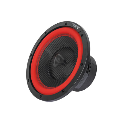 The Cerwin Vega Vega 2025 Edition Subwoofer, model V12DV4, is a round 12" 4Ω DVC subwoofer featuring a black and red design with a carbon fiber cone and bright red rubber surround. The black frame has a logo on the top edge, and it's angled to highlight its depth and style.