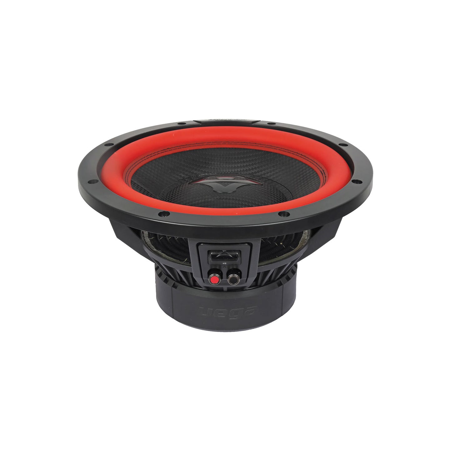 The Cerwin Vega Vega 2025 Edition Subwoofer - 12" 4Ω DVC (V12DV4) sports a round, cone-shaped design in black and red. It features a red surround, black basket, patterned dust cap, and a large magnet with visible terminals and wiring connections underneath.