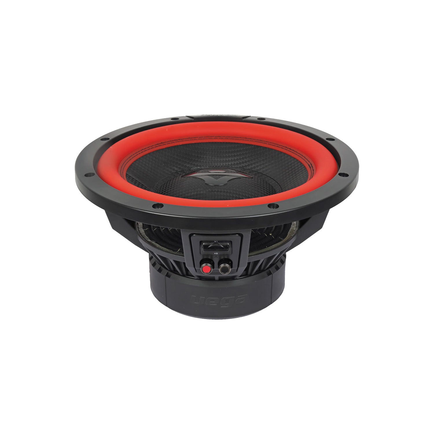 The Cerwin Vega Vega 2025 Edition Subwoofer - 12" 4Ω DVC (V12DV4) sports a round, cone-shaped design in black and red. It features a red surround, black basket, patterned dust cap, and a large magnet with visible terminals and wiring connections underneath.