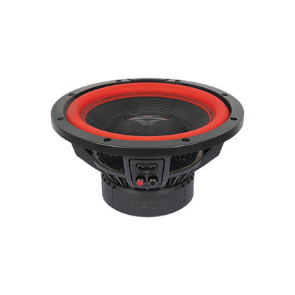 The Cerwin Vega Vega 2025 Edition Subwoofer - 12" 4Ω DVC (V12DV4) sports a round, cone-shaped design in black and red. It features a red surround, black basket, patterned dust cap, and a large magnet with visible terminals and wiring connections underneath.