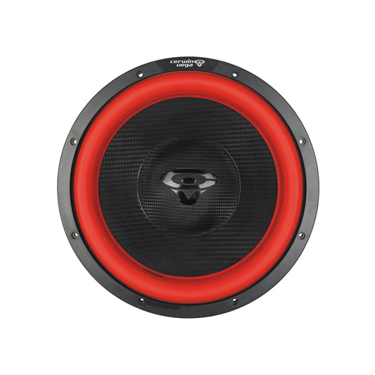 The Vega 2025 Edition Subwoofer, a 15" 2Ω DVC subwoofer (V15DV2), features a black carbon fiber cone with a bright red rubber surround, metallic logo on the interior, a dark gray edge with mounting holes, and "Cerwin Vega!" branding at the top.