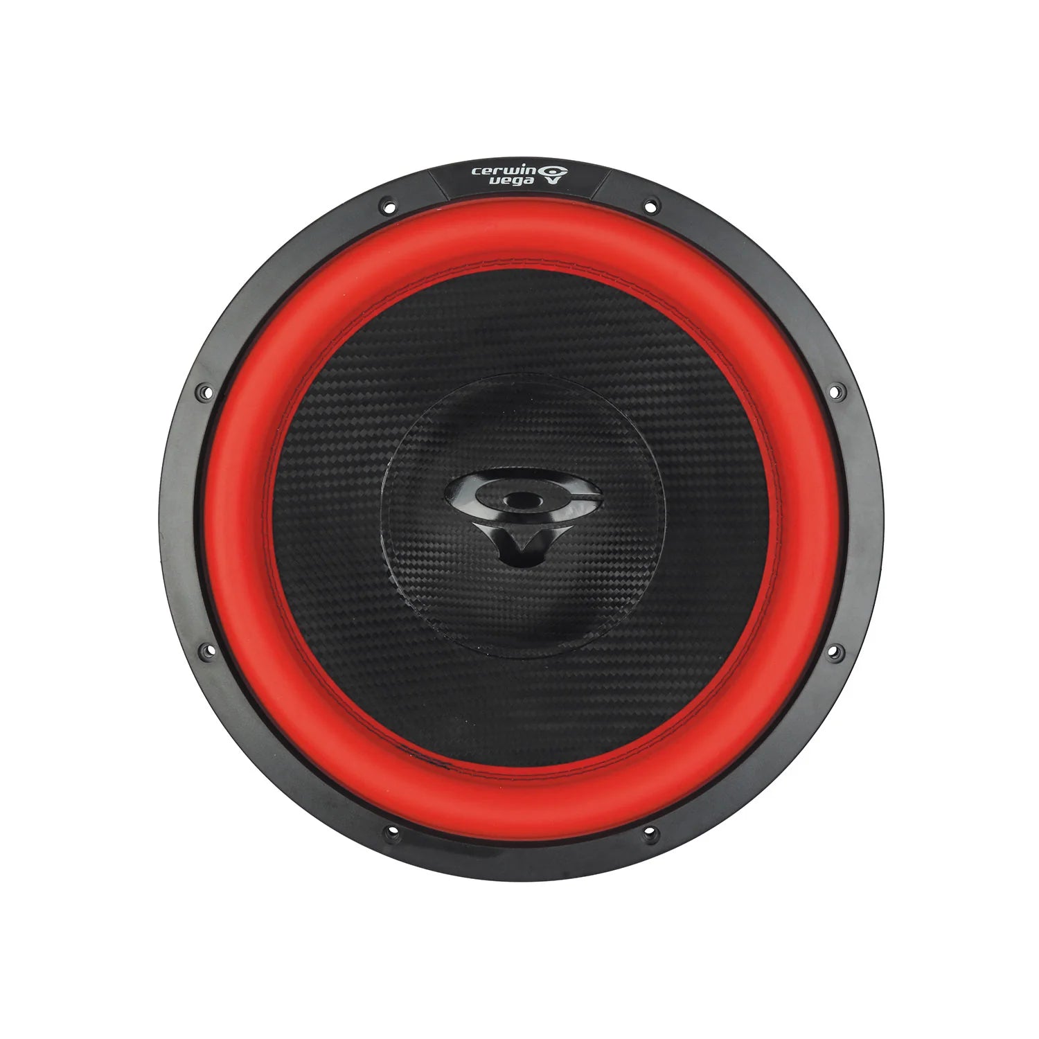 The Cerwin Vega 2025 Edition V15DV4 subwoofer features a sleek, modern design with a bold red surround and black carbon-fiber pattern cone. The center showcases the Cerwin-Vega logo with a stylized "V" against a contrasting black outer ring.