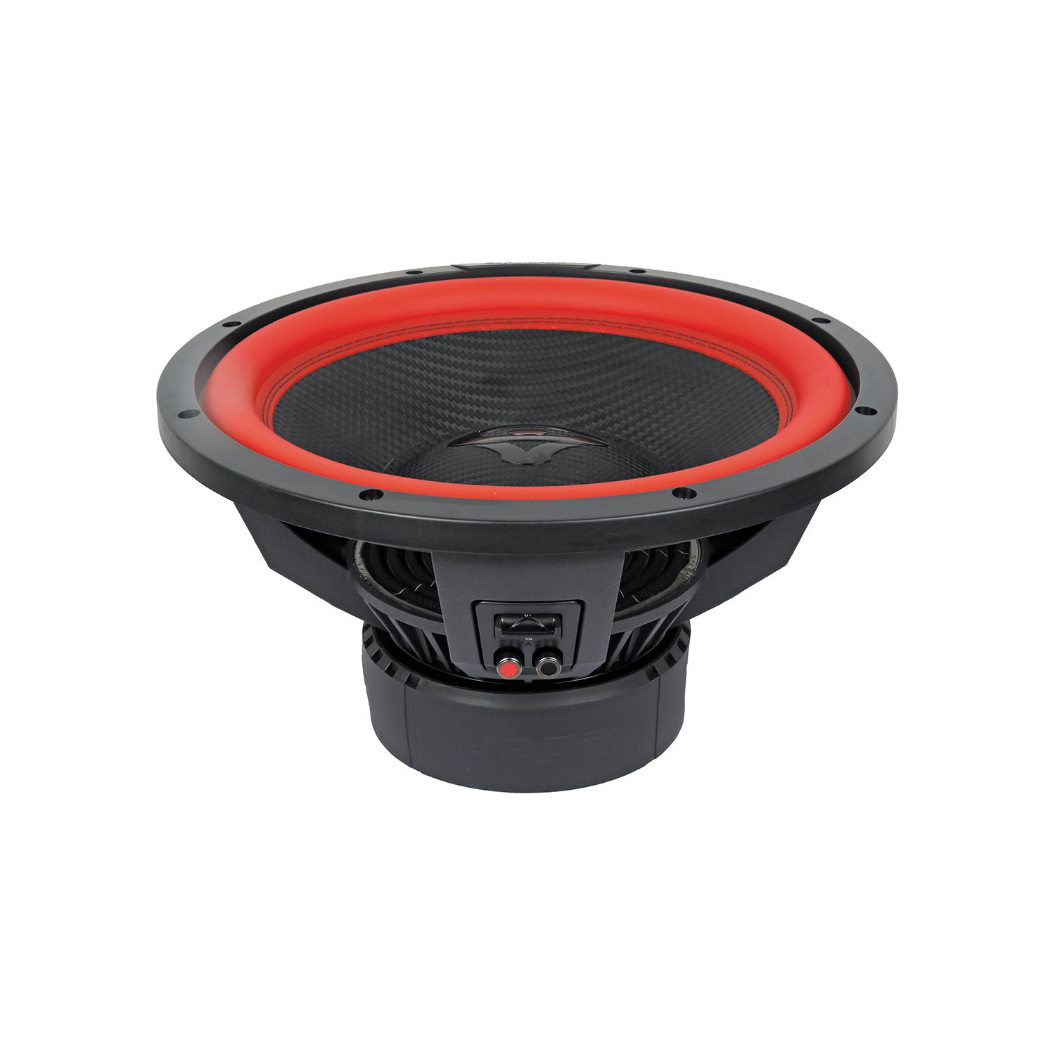 The Vega 2025 Edition V15DV2 is a modern, sleek 15" subwoofer featuring a black textured center with red trim. Its visible magnet and coil showcase metal and plastic components, while the brand logo takes center stage, emphasizing performance.