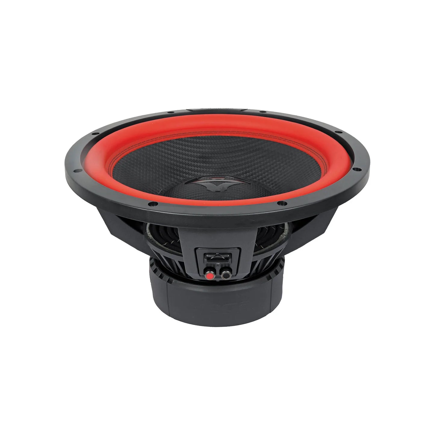 Close-up image of the Cerwin Vega Vega 2025 Edition Subwoofer - V15DV4. The black and red subwoofer features a prominent red surround, a textured dark cone, visible coil, and connection terminals, designed for audio systems with its 15" 4Ω DVC configuration.