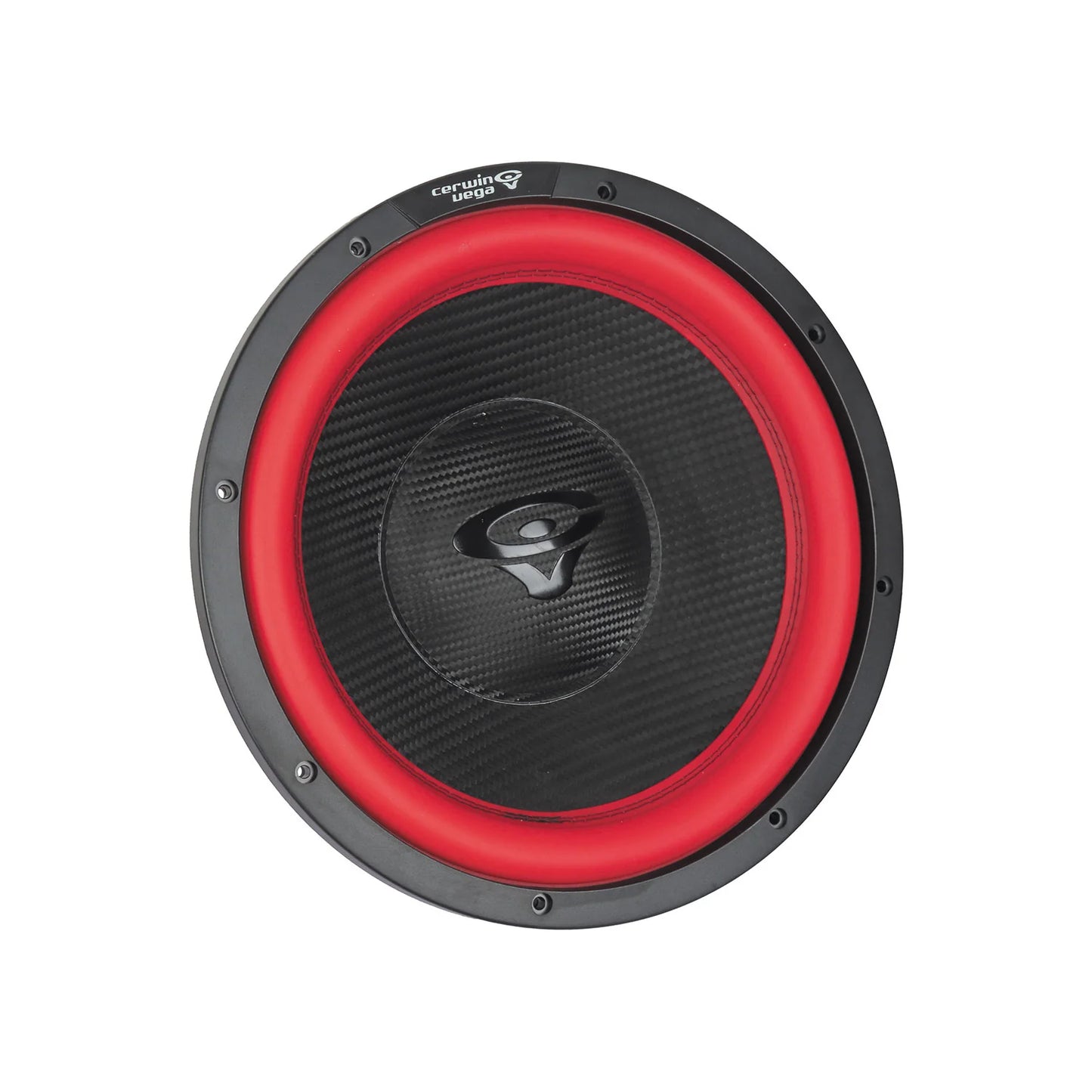 The Cerwin Vega Vega 2025 Edition Subwoofer (V15DV4) features a black cone with carbon fiber texture, a striking red rubber surround, and a black mounting ring with multiple screw holes. A stylized logo is at the cone center. It appears on a white background.