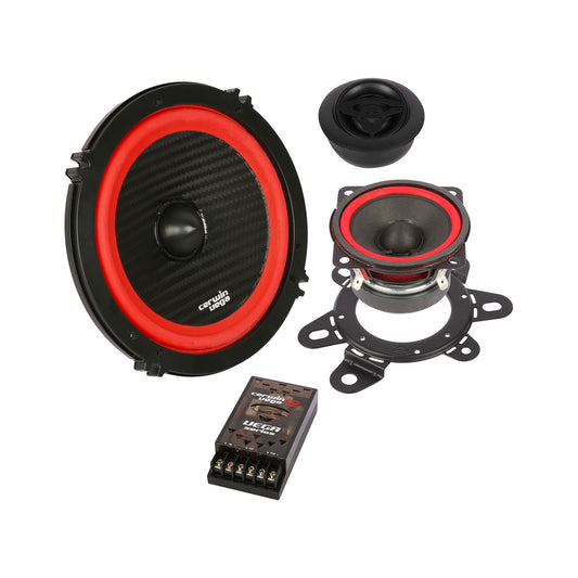 The Vega 2025 Edition Component Speakers (V6525C) feature a striking red and black design with a large 6.5" 3-way component speaker, mid-sized metal-framed Cerwin Vega V6525C speaker, small round tweeter, and a black audio crossover with wiring terminals on a white background.