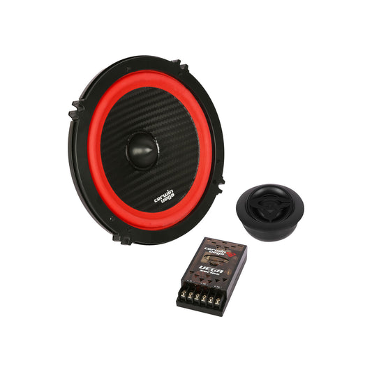 Introducing the Vega 2025 Edition Component Speakers by DRAKCOUS. This high-performance system includes a large red and black speaker, a smaller black one, and a rectangular unit with multiple connectors for full-range audio, ensuring quality sound delivery.