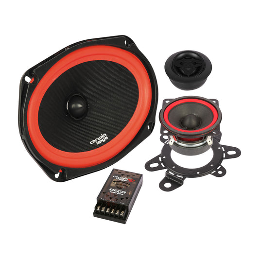 The Vega 2025 Edition V6925C car audio system, with its modern red and black design, includes 6x9", 2.5", and 1" speakers: a large oval speaker, a smaller round one, a compact black tweeter, and a control unit with labeled terminals for sleek audio enhancement.