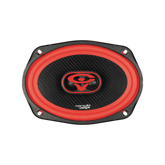 The Vega 2025 Edition Coaxial Speakers V693 is a triaxial car audio speaker in black and red, featuring a textured cone with a vibrant red circular edge. A "V" logo adorns the black diaphragm, and four mounting holes are visible, with "Cerwin Vega" printed at the bottom for full-range audio fans.